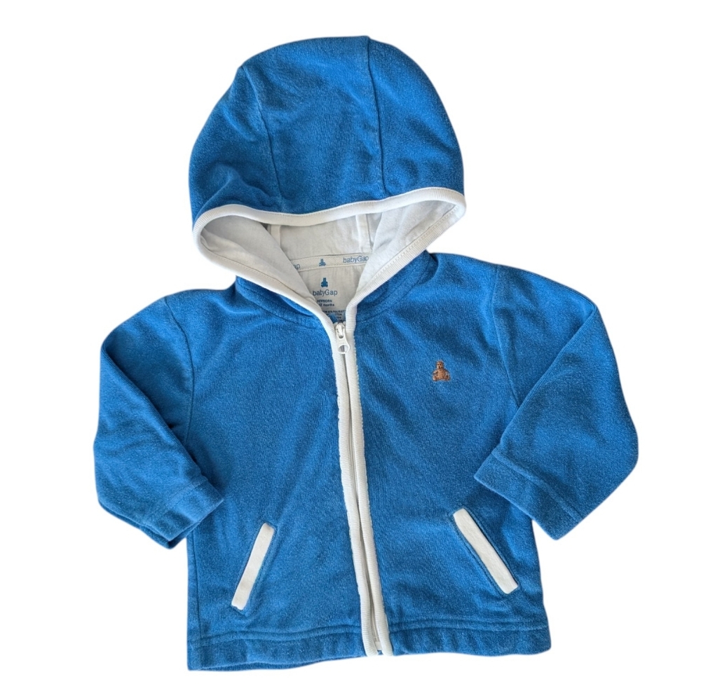 Gap Baby Y2K Blue Hooded Terry Cloth Jacket Embroidered Bear Size 6/12 Months